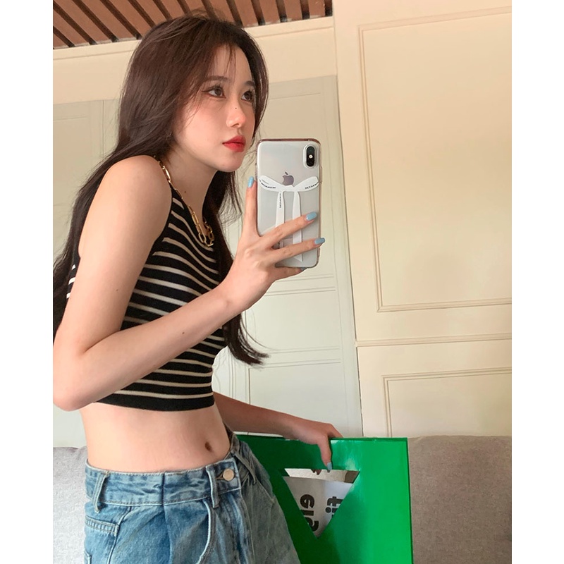 QKOOLE Áo tanktop  cổ tròn họa tiết kẻ sọc phong cách Hàn Quốc thời trang quyến rũ cho nữ
