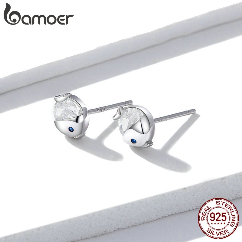 BAMOER Bông Tai Xi BạC 925 Hình Cá Đính Đá Pha Lê