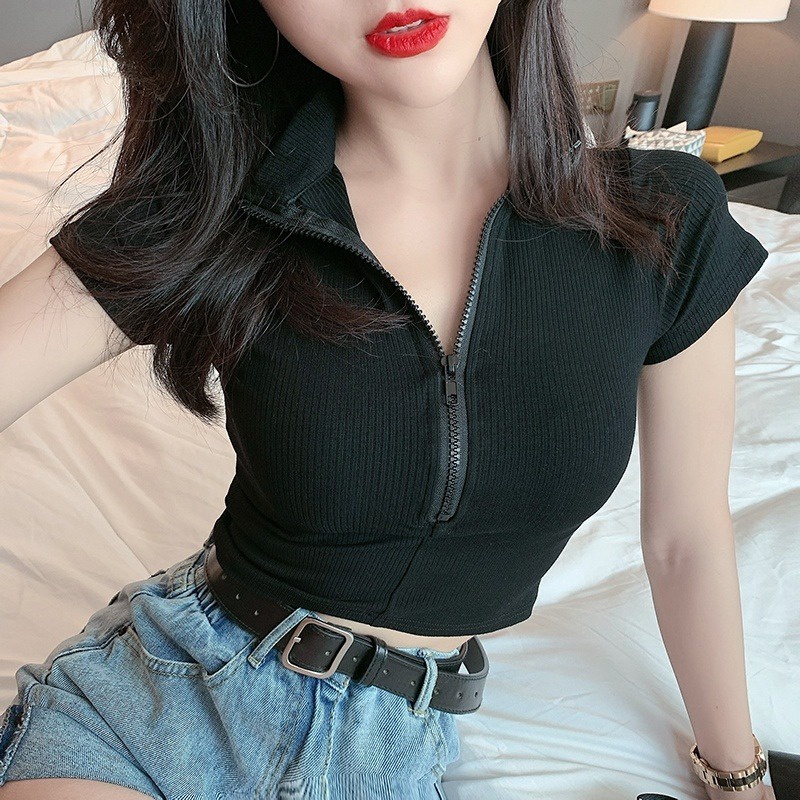 Áo Dệt Kim Ngắn Tay Cổ POLO Lưng Cao Thời Trang Quyến Rũ