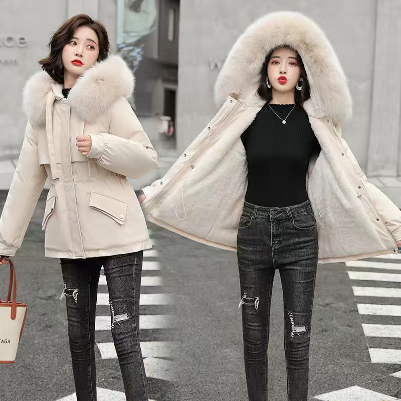 Áo khoác parka nữ phao lót lông, Áo Parka nữ lót lông túi kép 2021 dây rút eo sành điệu Ulzzang Lông mũ tháo rời