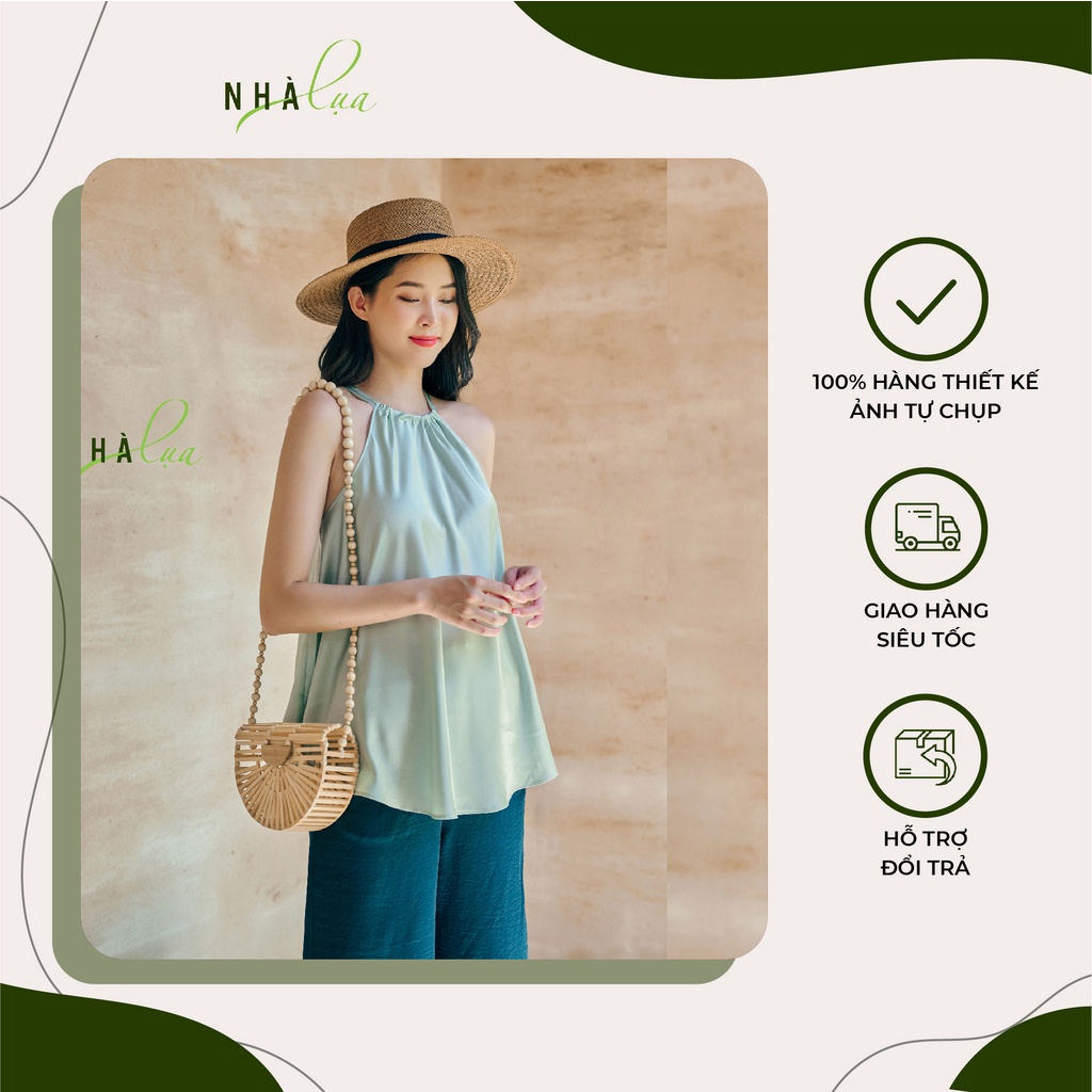 Set yếm nữ lụa Latin quyến rũ đi biển xanh ngọc - Áo yếm kèm quần lụa ống rộng tạo điểm nhấn - Nhà Lụa Store