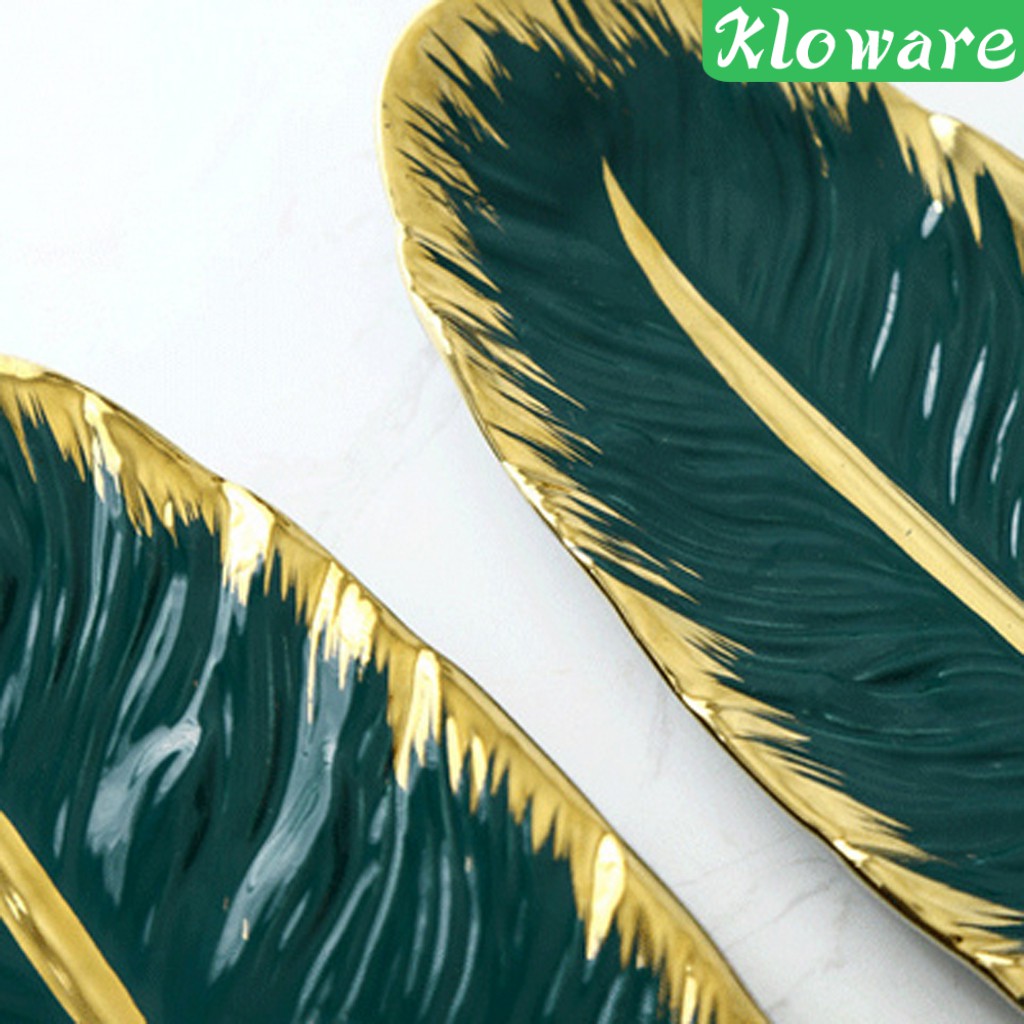 Đĩa gốm đựng nữ trang đồ ăn thiết kế hình lá Chuối tráng men màu xanh ngọc lục bảo mạ vàng cao cấp trang trí nội thất