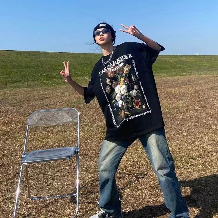 AMOI Áo Thun Tay Ngắn In Họa Tiết Tranh Sơn Dầu Phong Cách Âu Mỹ Mới