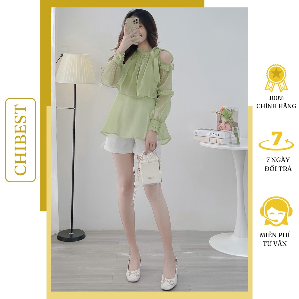 Set bộ nữ áo tơ cổ yếm cột nơ phối viền bèo hở vai tay dài kèm quần short trắng CHIBEST HSB84