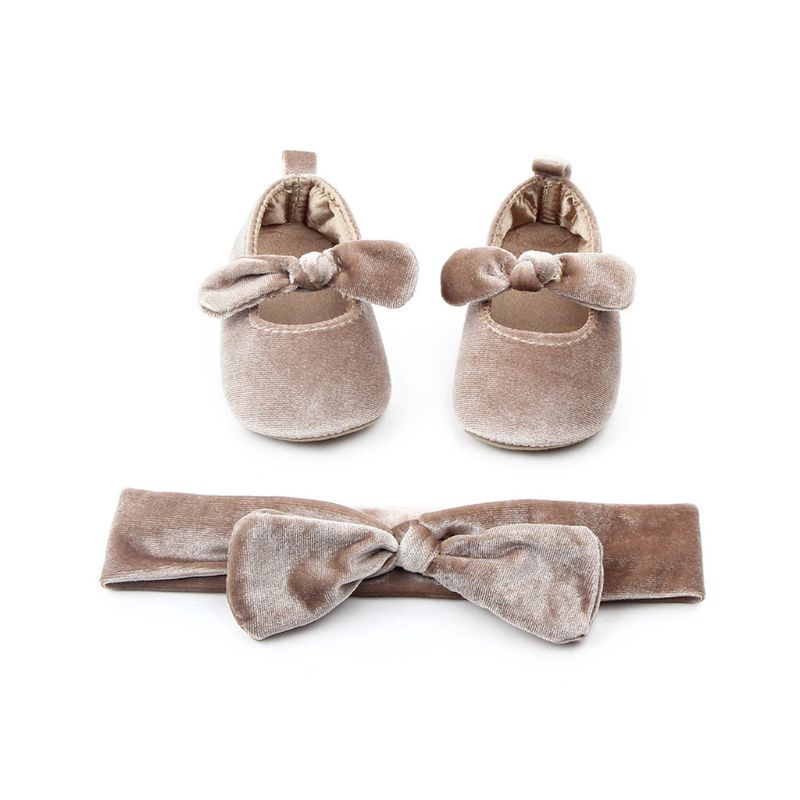 Bộ 2 món / bổ đôi giày tập đi bằng cotton phối nơ chống trượt + băng đô xinh xắn cho bé sơ sinh