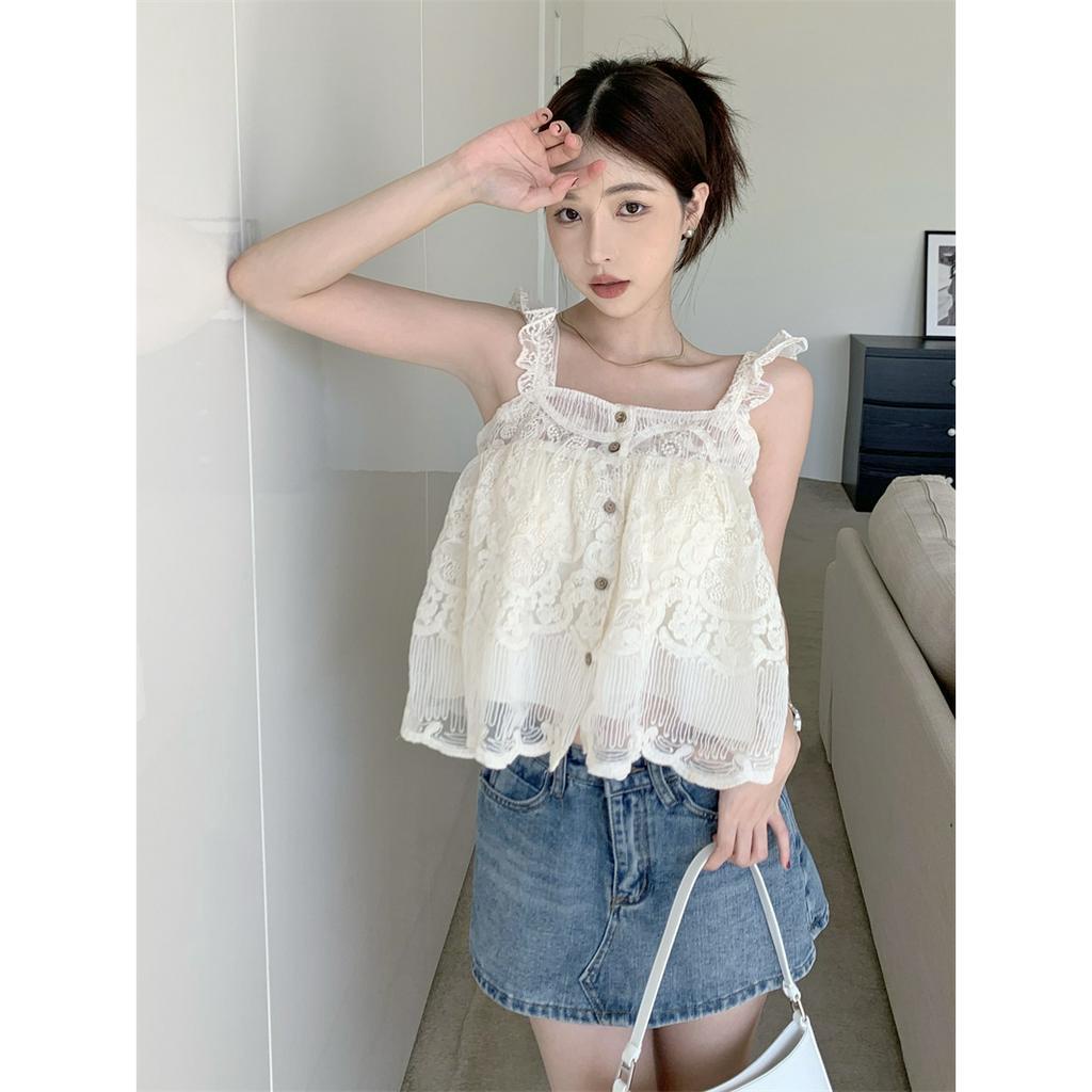 Mới Áo Croptop Sát Nách Cổ Vuông Phối Ren Dáng Rộng Thời Trang 2023 Cho Bạn Gái