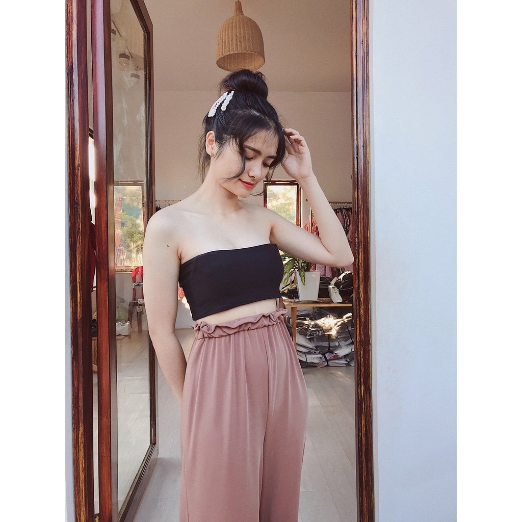 Set áo ống croptop đen mix quần form suông mát mẻ thoải mái Set đồ đi biển MS591