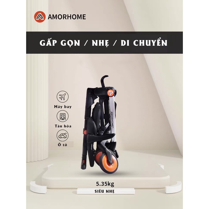 Xe đẩy du lịch AMORHOME cho bé từ 6 tháng đến 6 tuổi siêu gọn, siêu nhẹ trọng tải đến 60kg đi máy bay, CHÍNH HÃNG