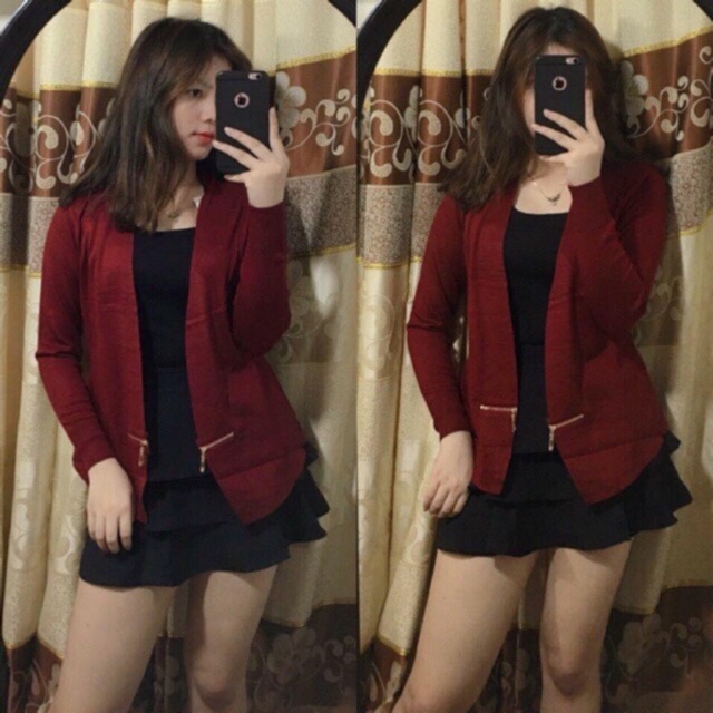 Áo khoác len không cúc phối dây kéo eo.(có trắng).