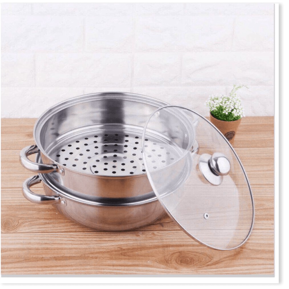 NỒI HẤP INOX 2 TẦNG ĐA NĂNG, NỒI CÁCH THỦY DÙNG ĐƯỢC CHO BẾP TỪ (SIZE 28CM) - NOIHAP2T