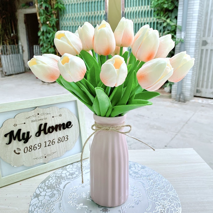 Một bông Hoa Tulip lá thẳng PU cao cấp 34cm - Hoa giả lụa trang trí, để bàn, chụp ảnh