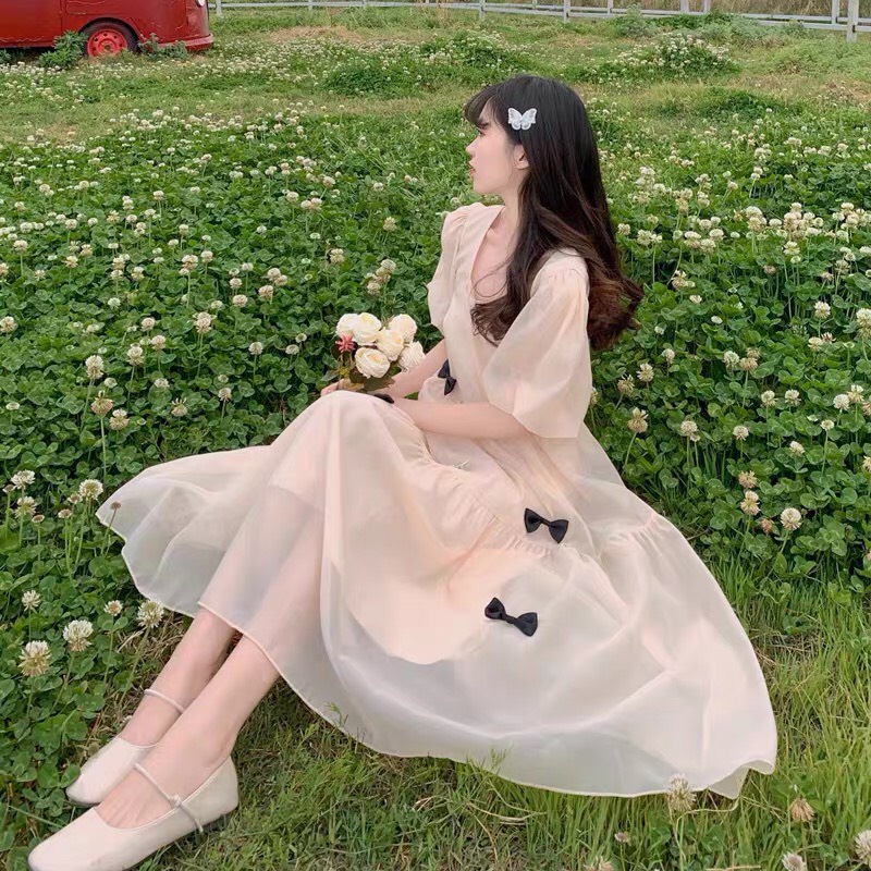 Váy trắng tiểu thơ dài xinh xắn 2 lớp HOT TREND váy baby doll nơ tay bồng cho nữ - V1