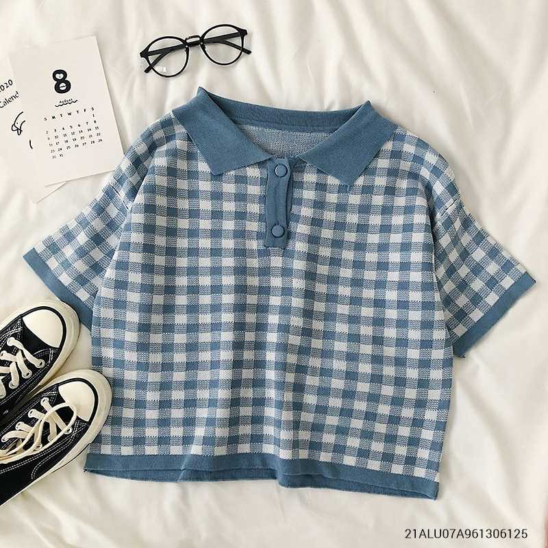 Áo len nữ tay ngắn cổ bẻ caro ulzzang thời trang nữ Fmstyle Saigon 21ALU07A961306 | BigBuy360 - bigbuy360.vn