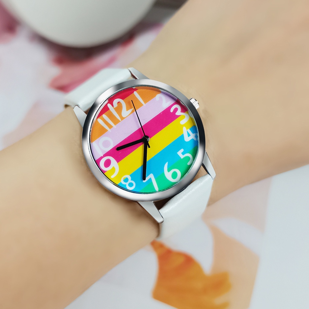 MACmk Women Rainbow Stripe Dial Accurate Quartz Movement Alloy Number Quartz Wristwatch for Office