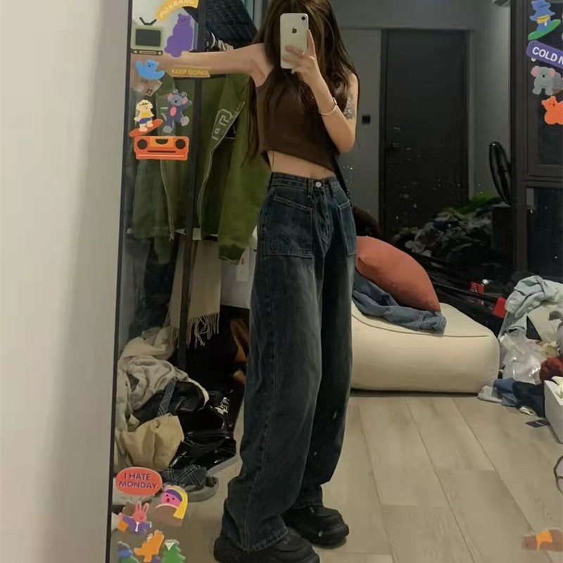 Quần jeans XIAOZHAINV dài ống rộng lưng cao kiểu vintage thời trang