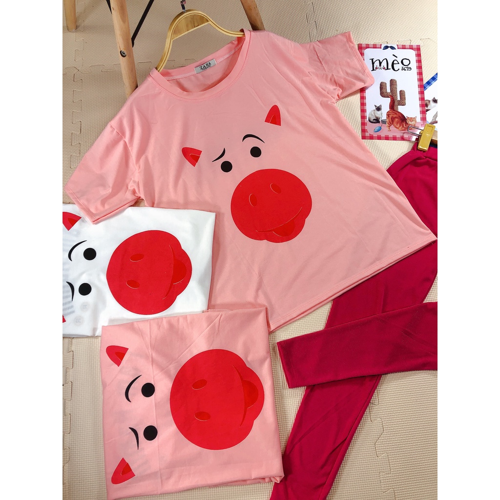 [Chuyên Sỉ] Bộ thun heo hồng quần legghing dài, vải cotton mềm mịn và quần co dãn dày dặn.