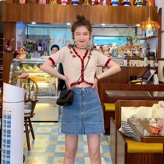 Áo croptop dệt kim ngắn tay thêu họa tiết phong cách retro cho nữ | BigBuy360 - bigbuy360.vn