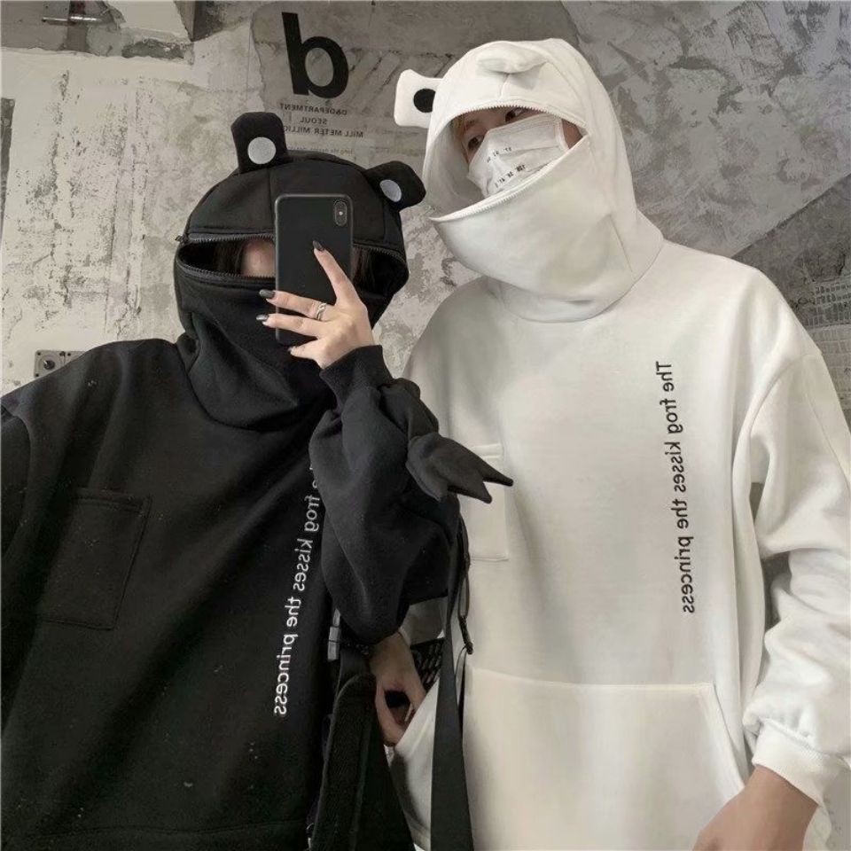 Áo hoodie hình gấu dễ thương-New trendy fashion bear and frog sweater loose autumn and winter couple clothes funny plus