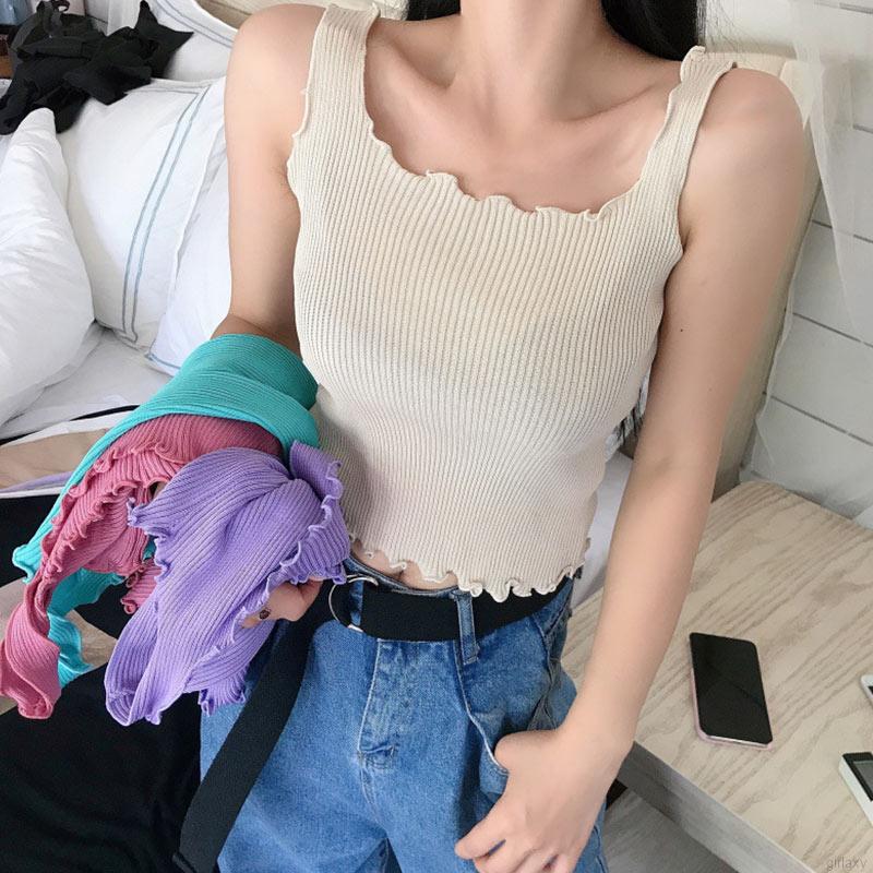 Áo Hai Dây Dệt Kim Màu Trơn Đơn Giản Phong Cách Hàn Quốc