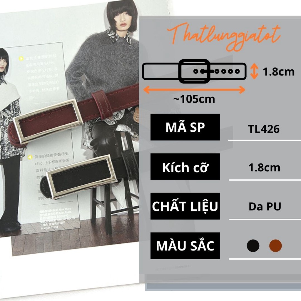 Thắt lưng váy mặt vuông bạc cá tính dạng bấm, bản nhỏ 1.8cm (hỗ trợ bấm lỗ dây nịt) TL426 - Thắt Lưng Giá Tốt