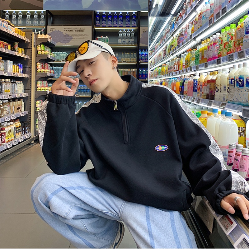 Áo khoác nỉ cổ đứng phối vải nhung họa tiết hoa có khóa kéo thời trang cho nam size M-2XL