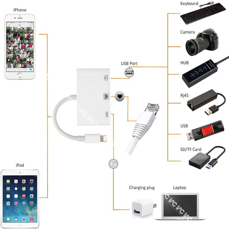 Thiết bị chuyển đổi có dây từ lightning sang Ethernet LAN kiêm đầu đọc camera 3 trong 1 USB cáp OTG đồng bộ dữ liệu và sạc nhanh