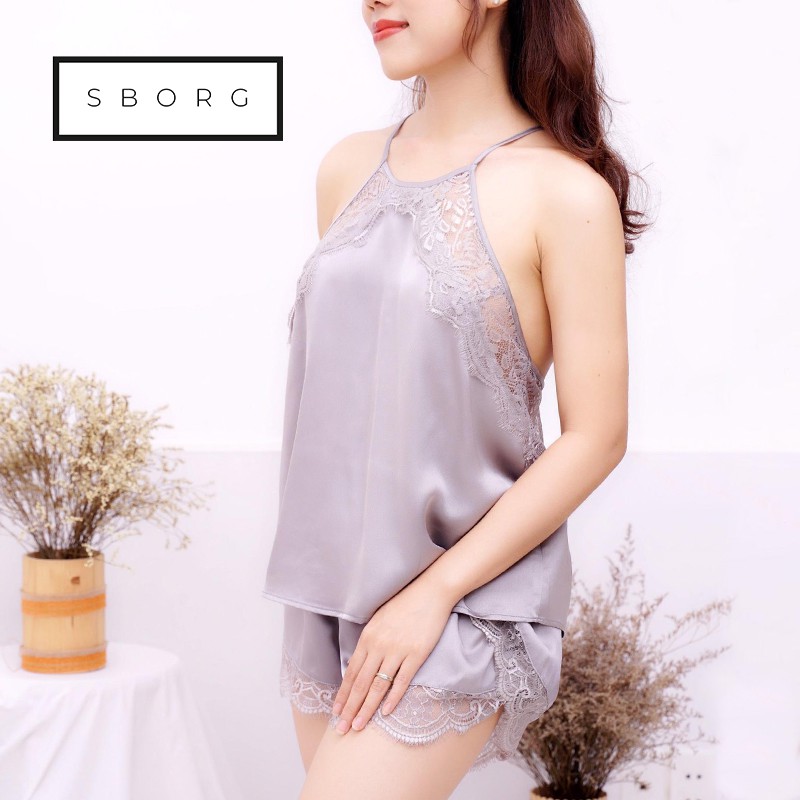 Đồ Ngủ Gợi Cảm Lụa Satin Cao Cấp 2 dây Áo Kiểu Yếm Sexy gu mac quần ngắn phối ren be sweet on QÙA TẶNG VỢ