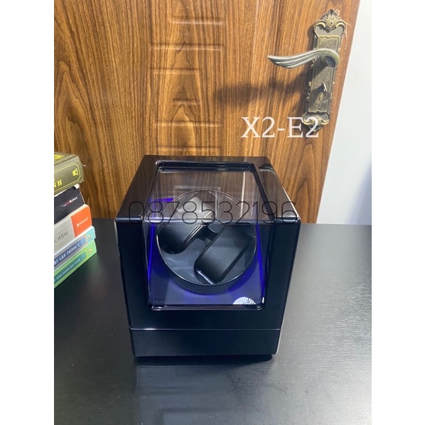 Hộp xoay đồng hồ cơ xoay tự động 2 đồng hồ có đèn Led tụ dừng khi mở nắp tặng khăn lau và dây sạc