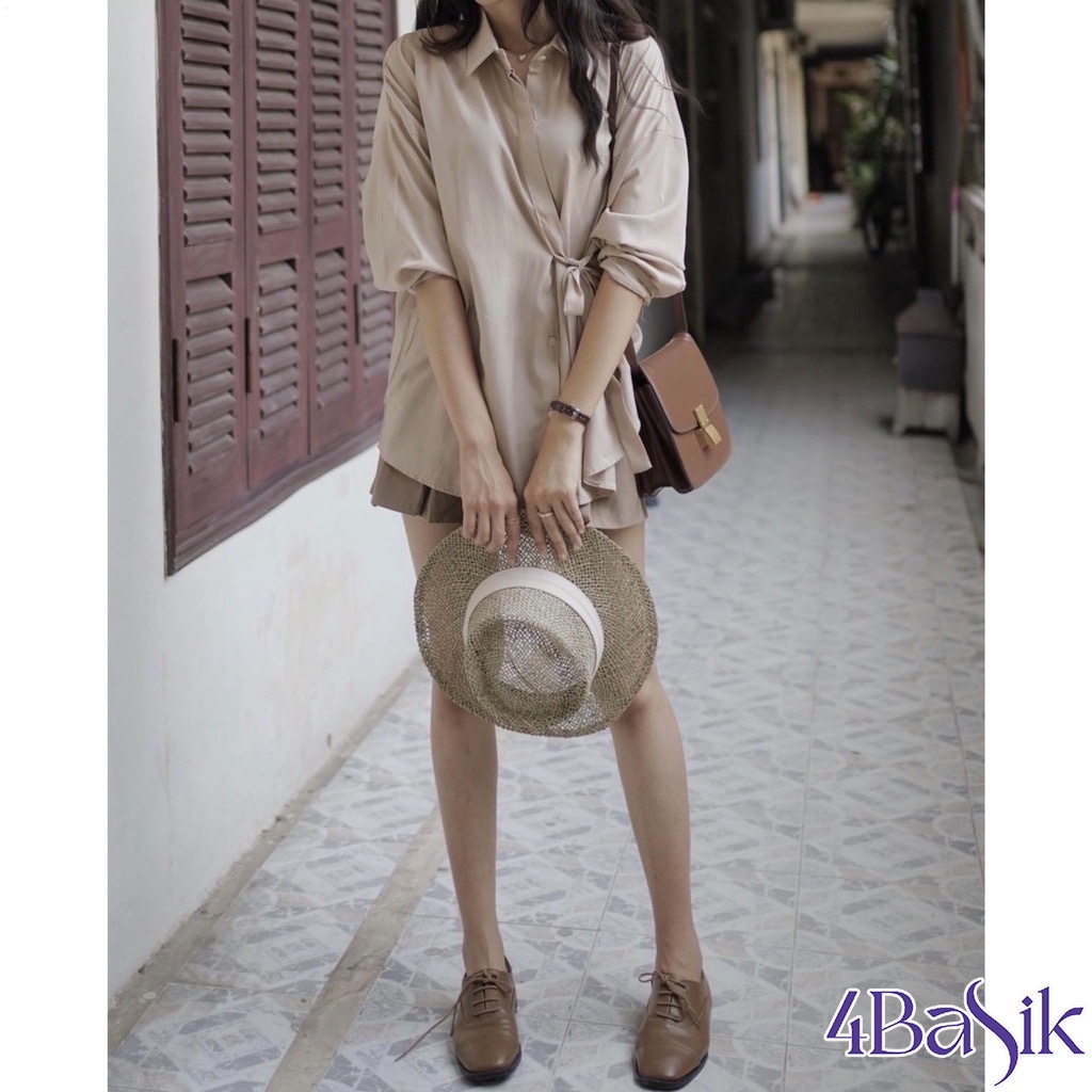 Áo sơ mi nữ lụa hàn form rộng kiểu buộc nơ eo dài tay màu trắng xanh be trơn xu hướng hàn quốc vintage 2022 - SM12