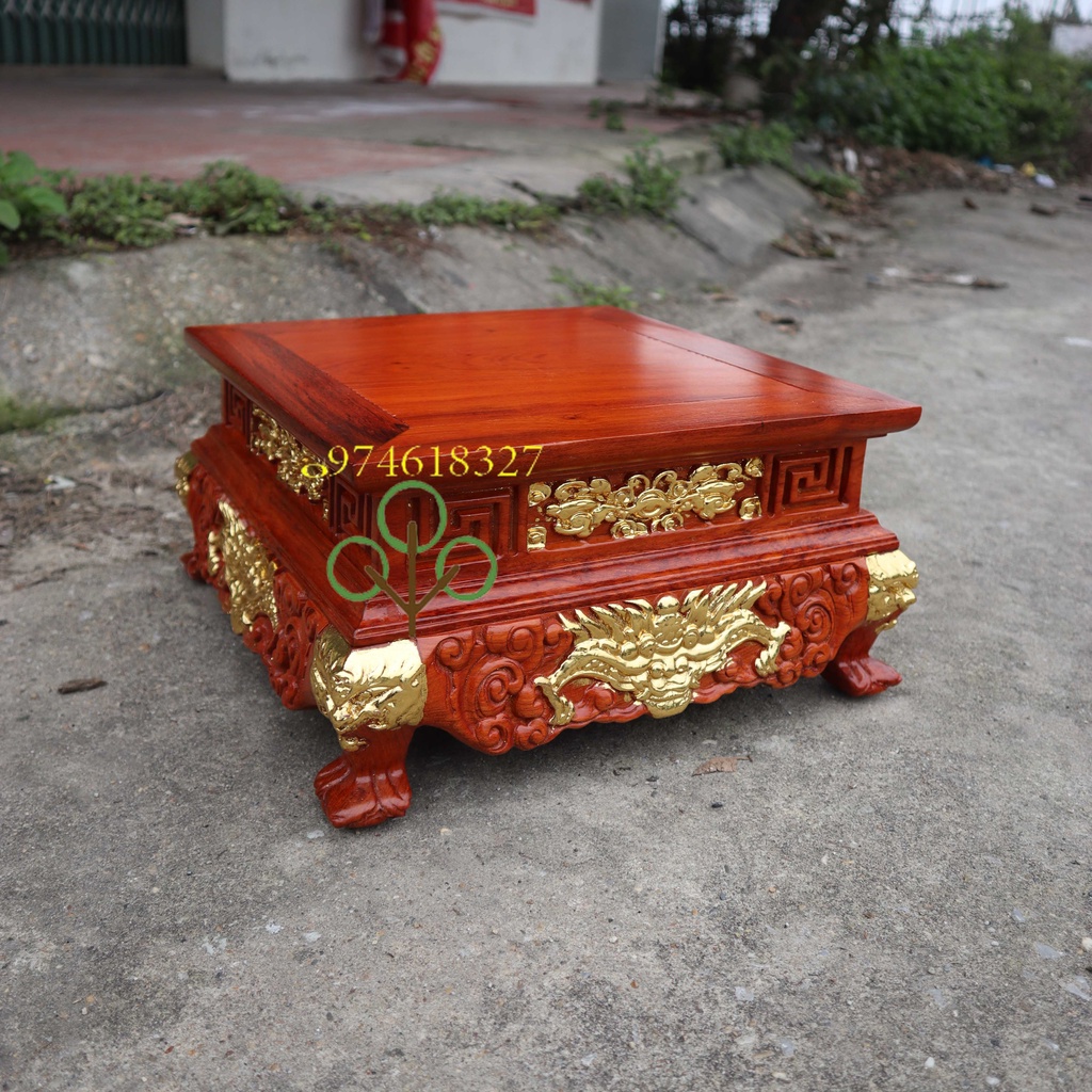Kỷ Chân Vuông Trạm Rồng Vàng Gỗ Hương Cao 15cm Mặt 20,25,30