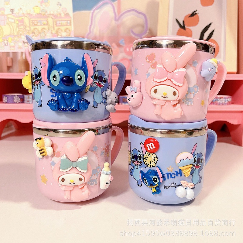 Cốc Uống Nước Bằng Thép Không Gỉ 304 Họa Tiết Hoạt Hình Hello Kitty Doremon Melody NS3