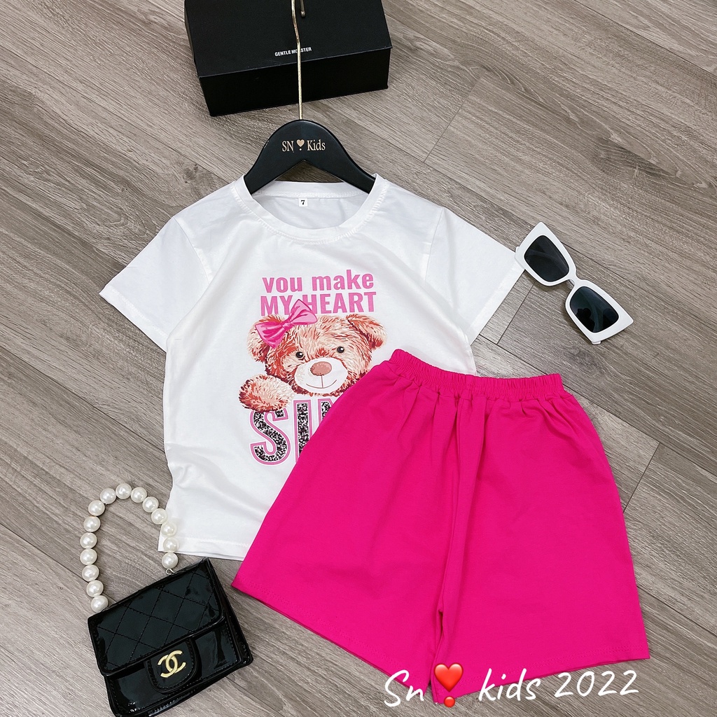 [XẢ HÀNG] Bộ cộc tay bé gái, cặp bộ in 3D gấu You Make My Heart chất cotton quần rộng cho bé 8-35kg