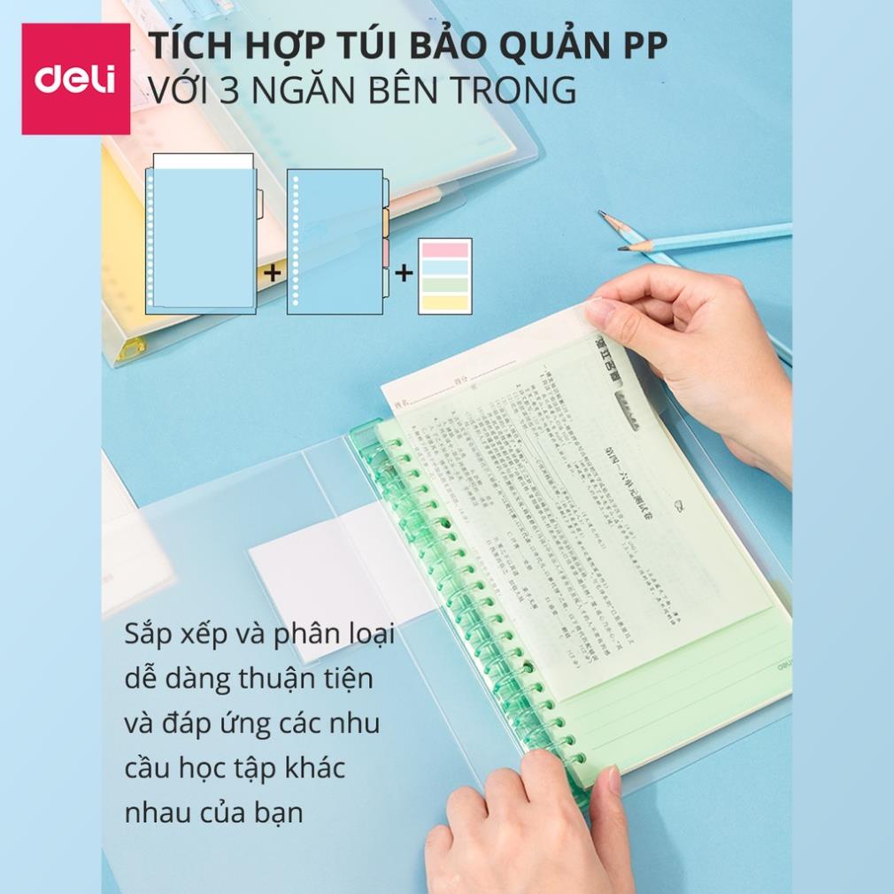 Sổ tay ghi chép Deli - kèm lõi giấy gáy lò xo - khổ A5/B5 - Bìa còng - Xanh dương/Hồng/Vàng/Xanh lá - QHA560 / QHB560 .