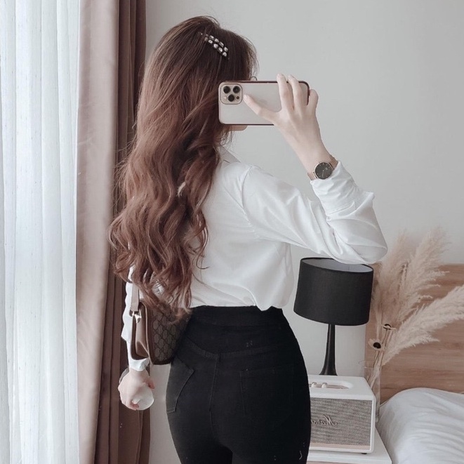 Áo sơ mi trắng nữ tay dài đi học áo kiểu điệu đuôi tôm phối viền ren ngang ngực Áo sơ mi kiểu tiểu thư hàn quốc công sở