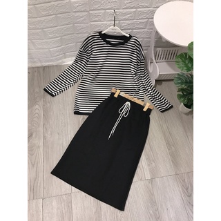 SET CHÂN VÁY LEN TĂM MIX ÁO KẺ BASIC