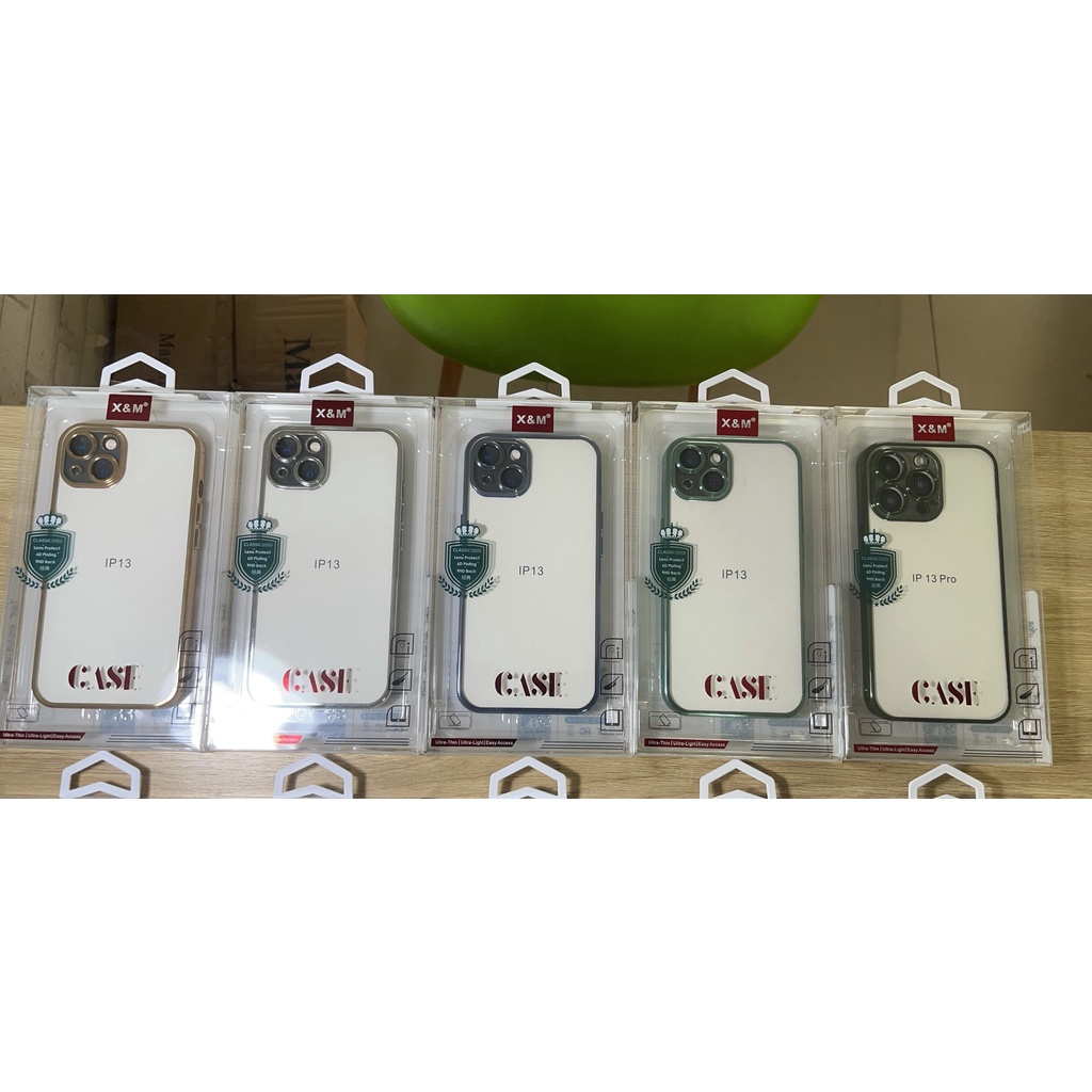 Ốp lưng trong kính X&amp;M viền màu cho iPhone 13, 13 Pro, 13 Pro Max bảo vệ camera siêu đẹp