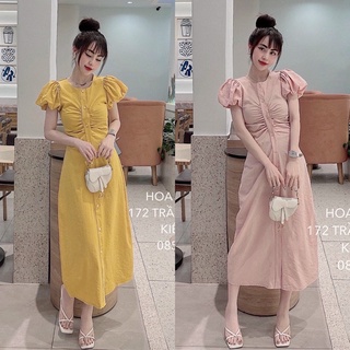 Đầm maxi cổ tròn tay bồng nhúm ngực kiểu dáng đơn giản phong cách Hàn Quốc dành cho nữ, váy nữ dáng dài xuất xịn