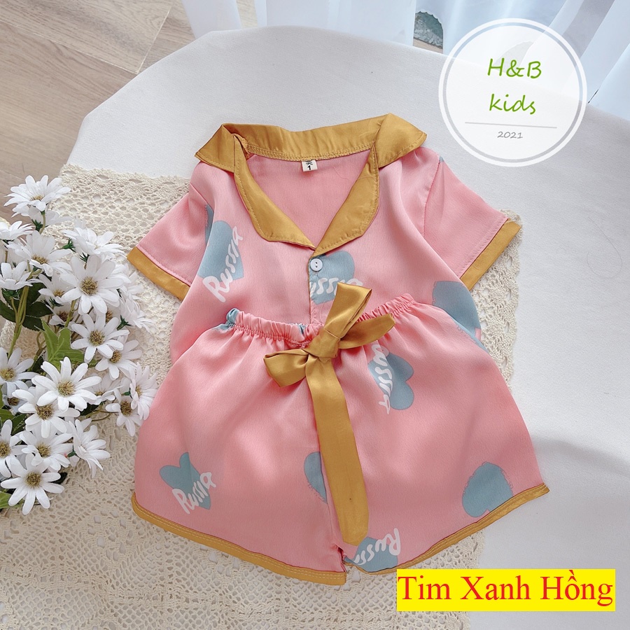 [16KG-35KG]  Bộ Mặc Nhà Pijama Lụa Phối Nơ Cao Cấp Tay Cộc Cho Bé Gái - Chất Liệu Lụa mềm Mịn Thoáng Mát