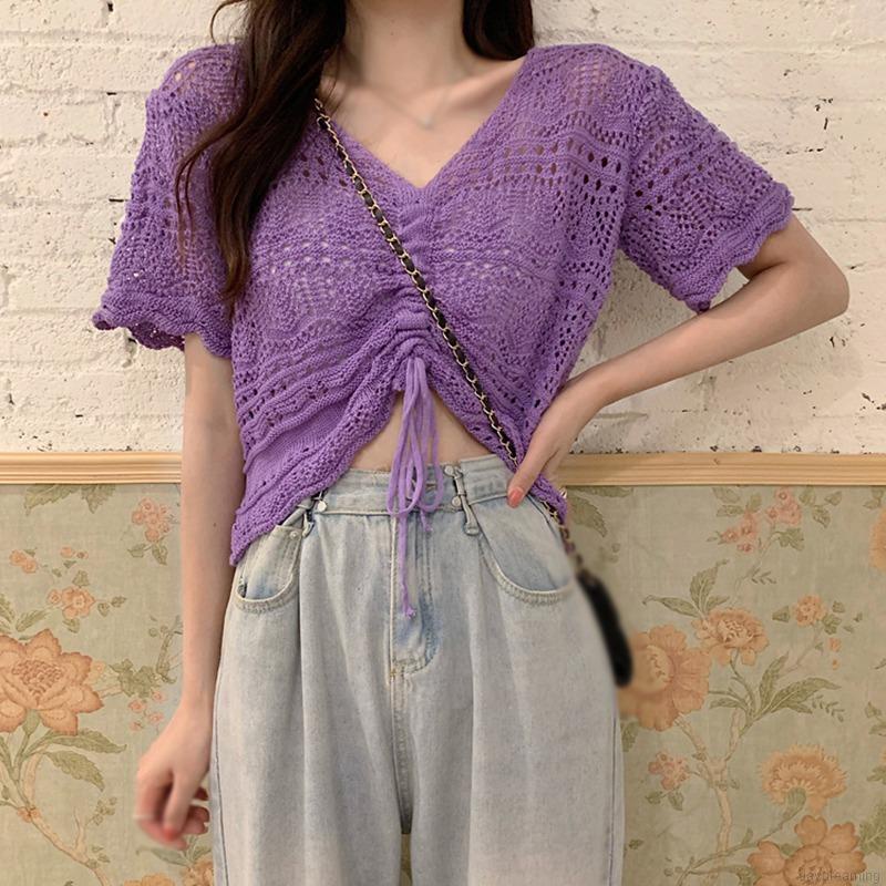 Áo Croptop Tay Phồng Ngắn Cổ Chữ V Thời Trang Hè Cho Nữ
