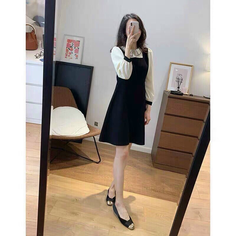 Váy đầm nữ dáng suông tay dài cổ chạy viền dễ thương | BigBuy360 - bigbuy360.vn