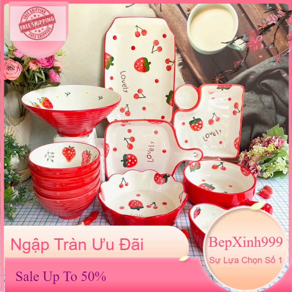 Chén Sứ Bát Ăn Cơm Dễ Thương 🍓🍒Bộ Bát Đĩa Decor🍓🍒Chén Dĩa Sứ Dâu Cherry Cute Cao Cấp B116