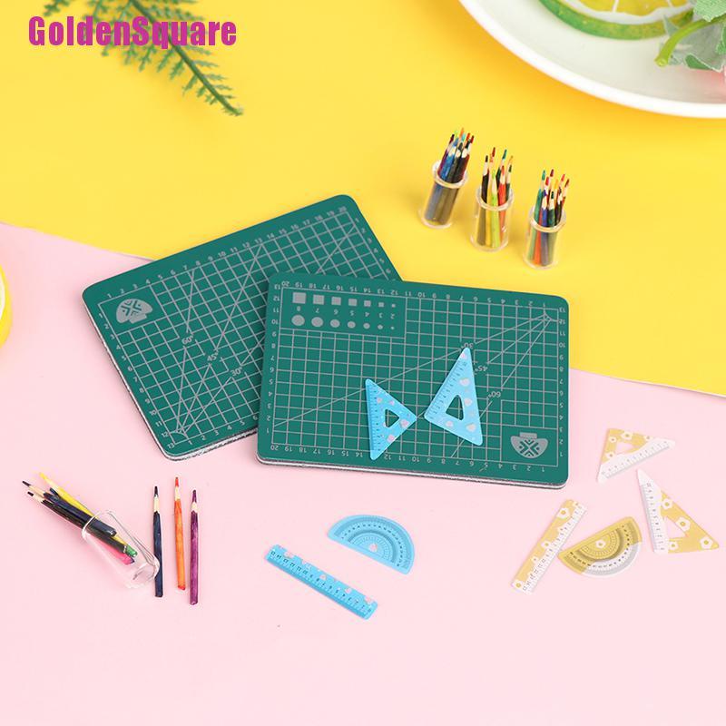 [Golden] 1Set 1:12 Scale Dollhouse Miniature Cutting Mat Ruler Pencil Pen Holder Model