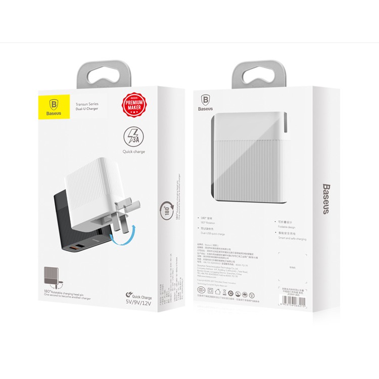 Củ Sạc Nhanh 2 cổng Baseus Transun Series Dual-U xoay 180 độ quick Charge 3.0 (3A) dành cho iPhone , SamSung , Xiaomi...