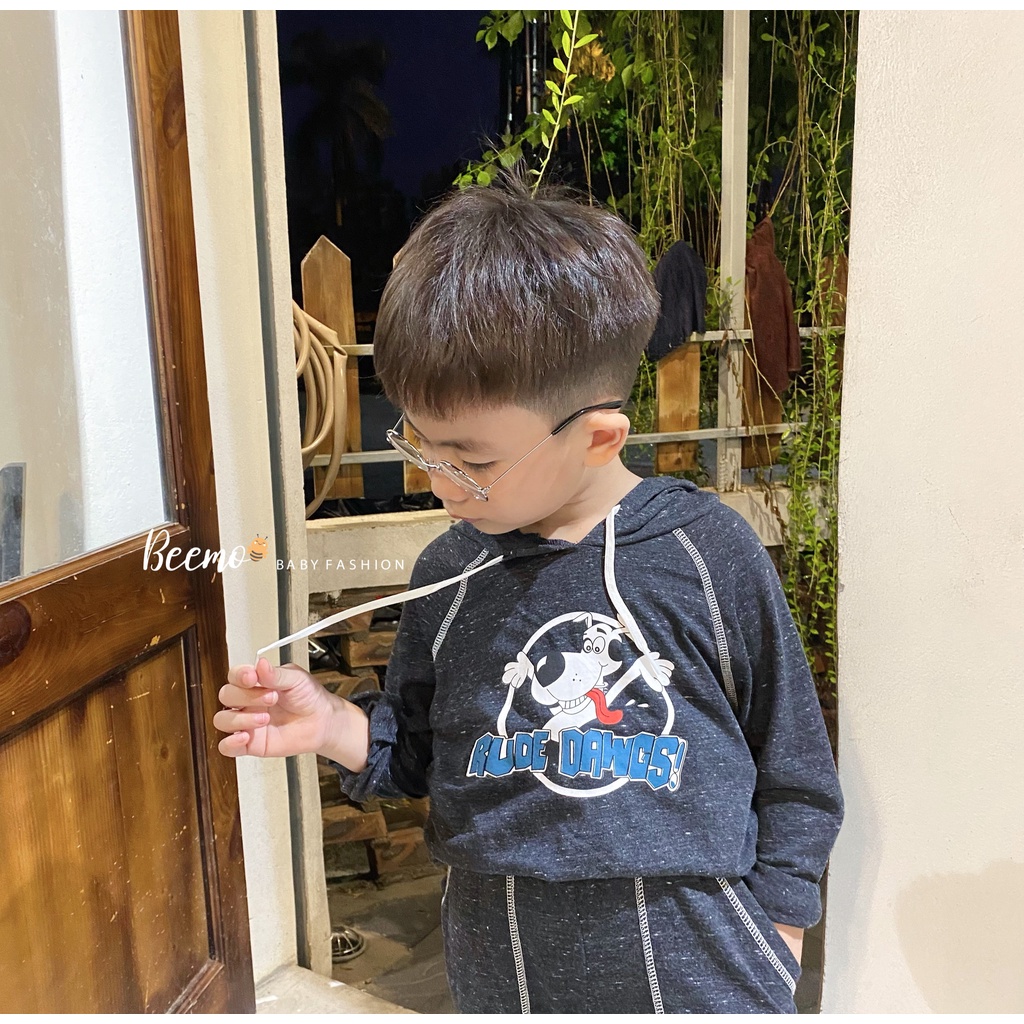 Bộ bé trai nỉ da cá mũ hoddie cá tính, bộ thun dài tay có mũ sành điệu cho bé trai