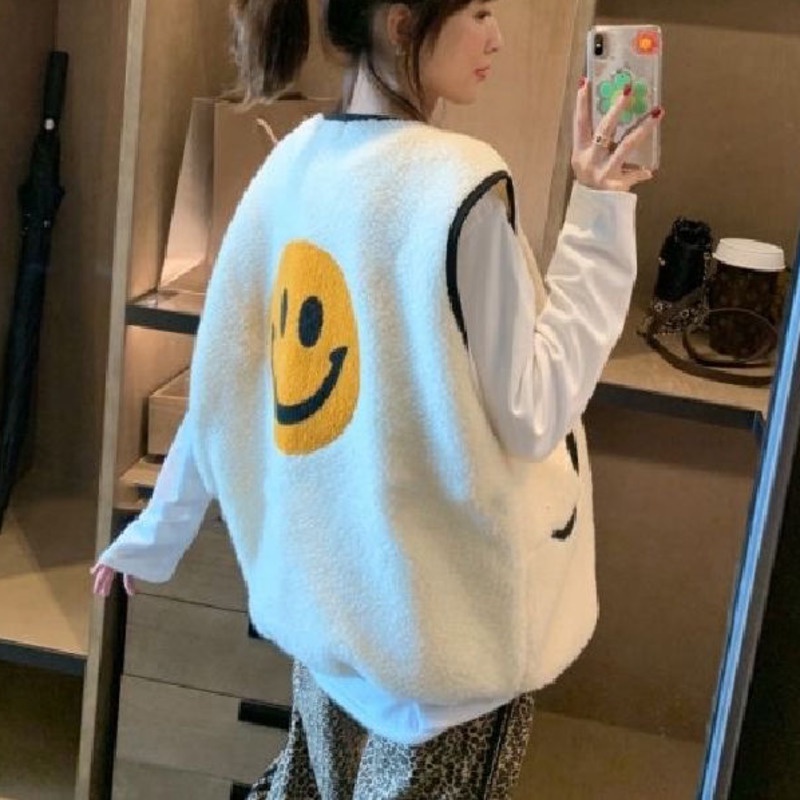 Áo Khoác Len Lông Cừu Không Tay Màu Sắc Tương Phản Phong Cách Hàn Quốc