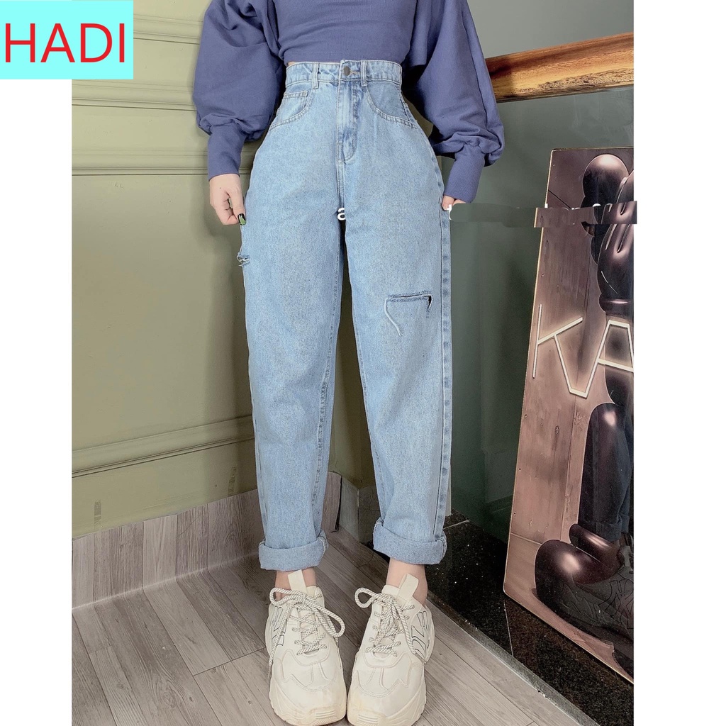 QUẦN BAGGY JEAN NỮ LƯNG CAO RÁCH BE PHẢI CAO PHỐI VẠT ĐÙI TRÁI MÀU XANH NHẠT LAI CUỐN VẢI DÀY DẶN MỀM MỊN HADI