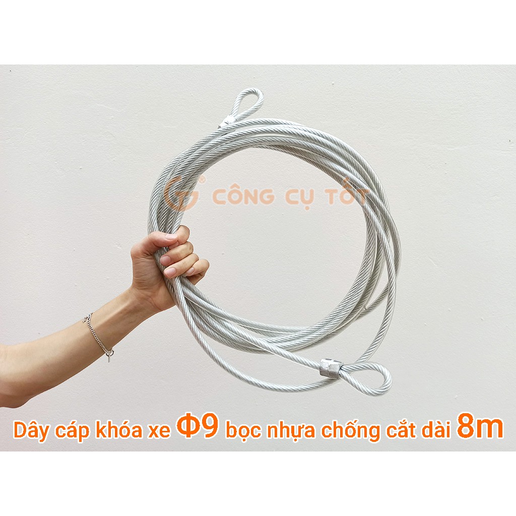 Dây cáp khóa xe máy lõi Φ9 ly chống cắt bọc nhựa dài 8m