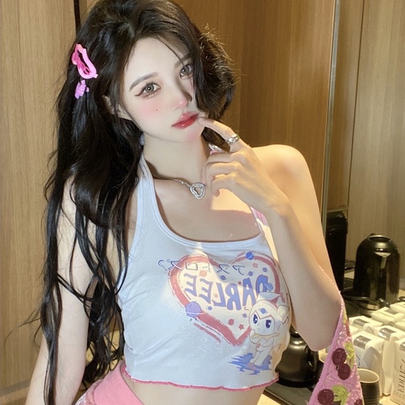 Áo Dệt Kim Hai Dây In Họa Tiết 【ZHELIHANGFEI】 Thời Trang Quyến Rũ Cho Nữ