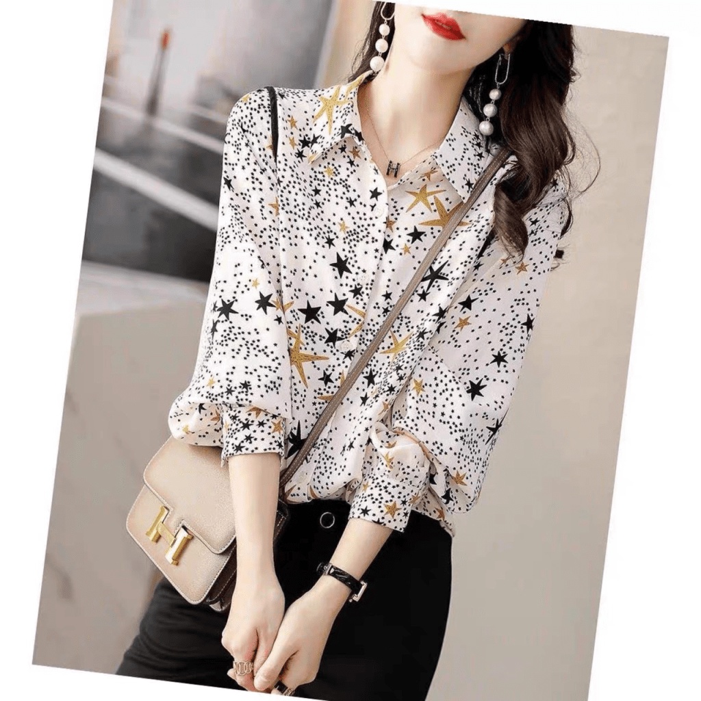Áo Sơ Mi Nữ  Họa Tiết Ngôi Sao Xinh Lung Linh Chất Liệu Cao Cấp Sành Điệu THời TRAng