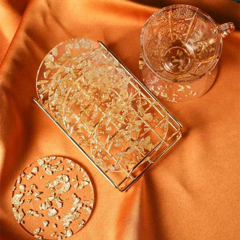 Tấm lót cốc nước bằng acrylic gold foil coastercách nhiệt chống trượt tiện dụng cho nhà bếp
